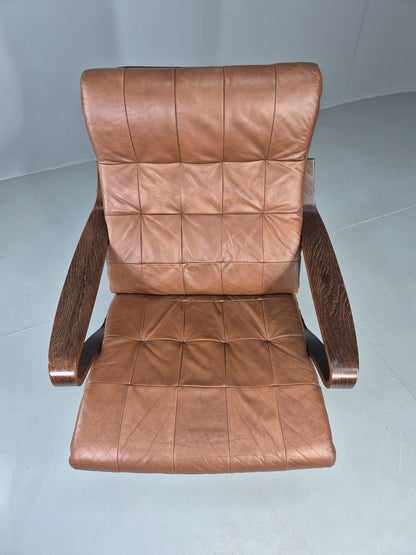 Vintage Danish Swivel Rock Lounge Chair Bentwood Frame Leather MCM Retro EB13090