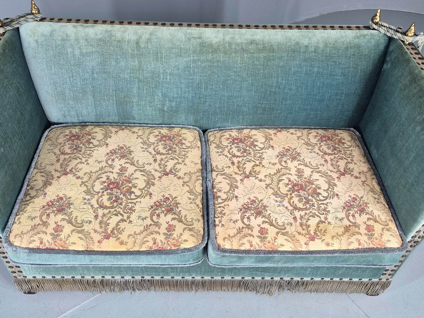 Vintage Danish Knole Sofa 2 Seater Blue Velour Floral Cream Cushions EB12748