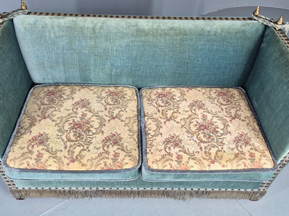 Vintage Danish Knole Sofa 2 Seater Blue Velour Floral Cream Cushions EB12748