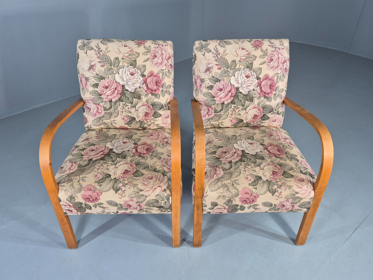 2 Vintage Danish Lounge Chairs 1950s Deco Bentwood Floral Print Retro EB12644