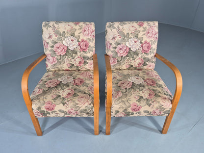2 Vintage Danish Lounge Chairs 1950s Deco Bentwood Floral Print Retro EB12644
