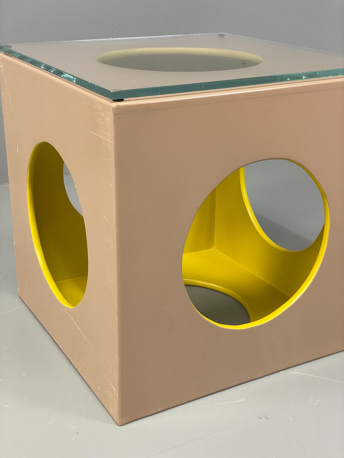 Cube Side Table Glass Top Beige Green Retro Style EB12626