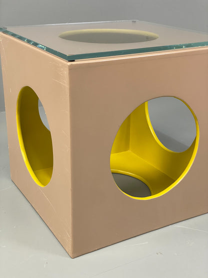 Cube Side Table Glass Top Beige Green Retro Style EB12626