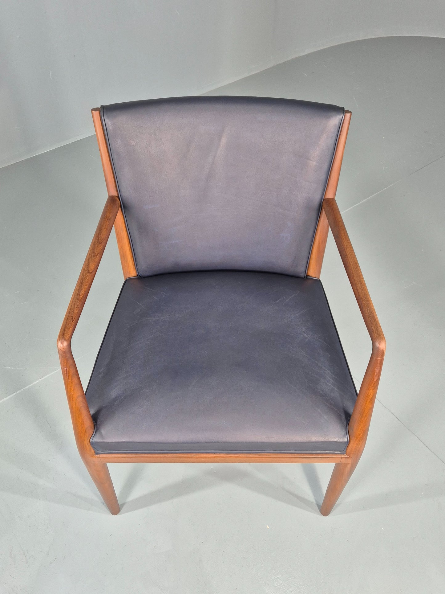 Vintage Mid Century Teak Armchair Blue Leather 1960s Retro EB11894