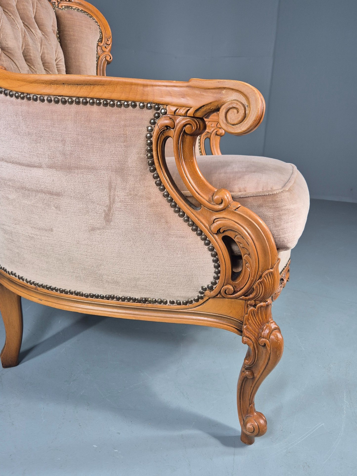 Vintage Danish Rococo Armchair Beech Frame Biege Velour 1970s Retro EB12718
