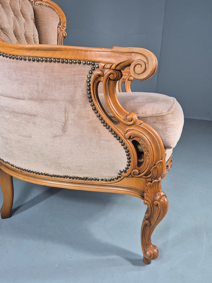Vintage Danish Rococo Armchair Beech Frame Biege Velour 1970s Retro EB12718