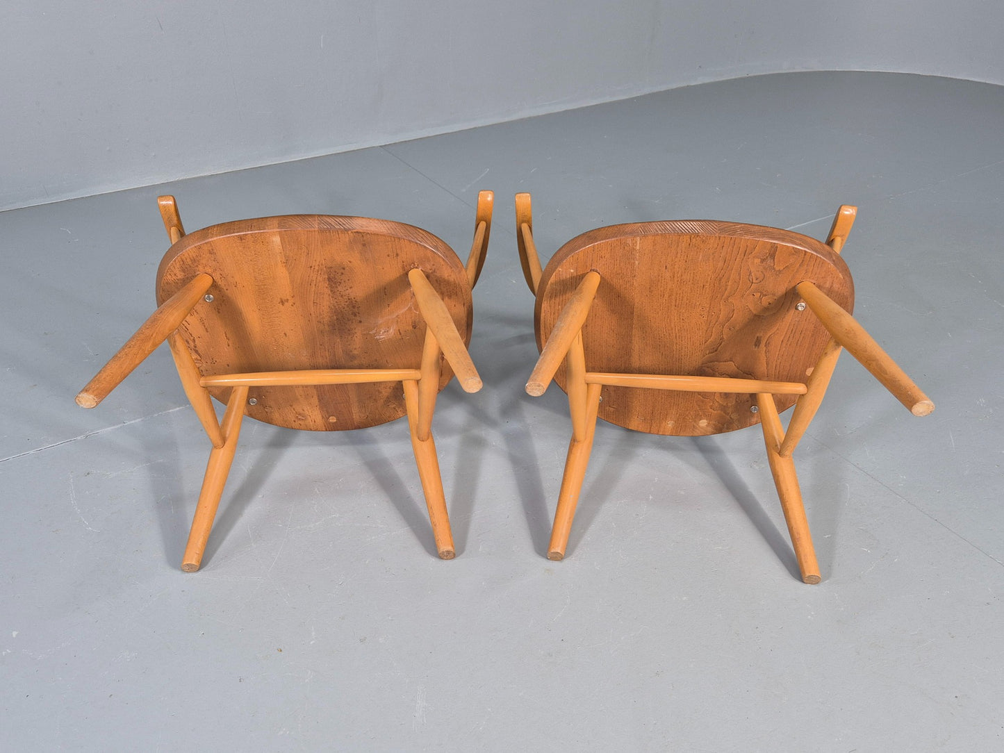 2 Ercol Cowhorn Elbow Chairs Blonde Wood 1960s Short Legged Retro MCM EB12459