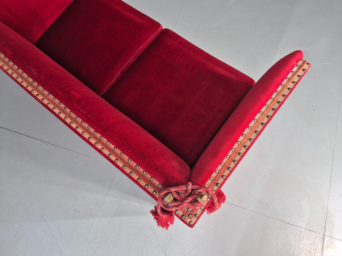 Vintage Danish 2 Seater Sofa Red Knole Style Drop Ends Tassels 1950s EB12760