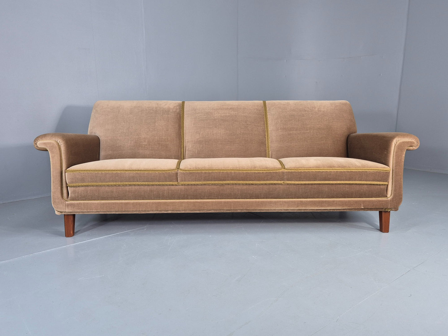 Vintage 3 Seater Sofa Mid Century Danish Green Velour Upholstery 1960s  EB12759