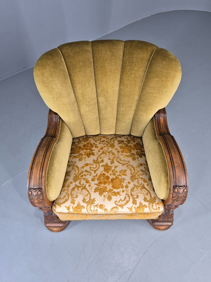Vintage Danish Art Deco Lounge Chair Carved Oak Frame 1940s Green Floral 12838