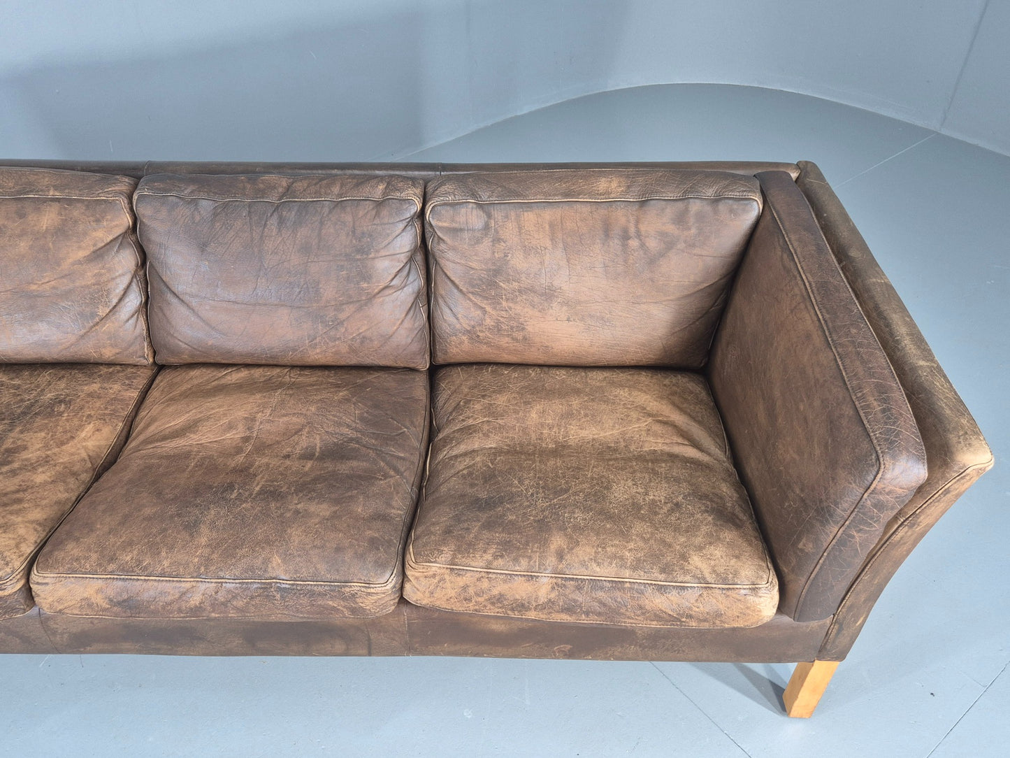 Vintage Danish 3 Seater Sofa 1970s Brown Leather Patinated Retro MCM EB12412
