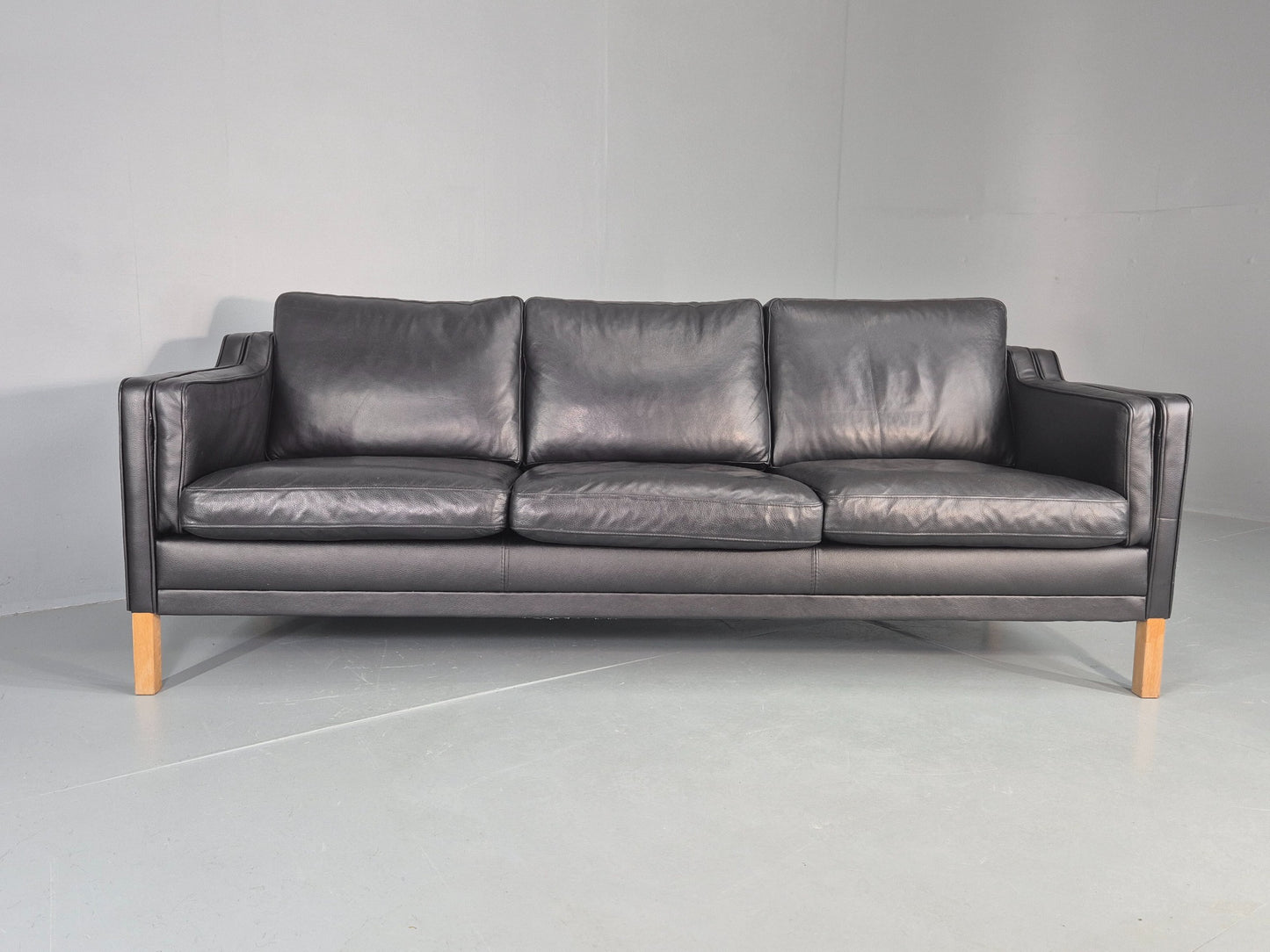 Vintage Danish 3 Seat Sofa Black Leather Mogensen Style 1980s Retro MCM EB12445