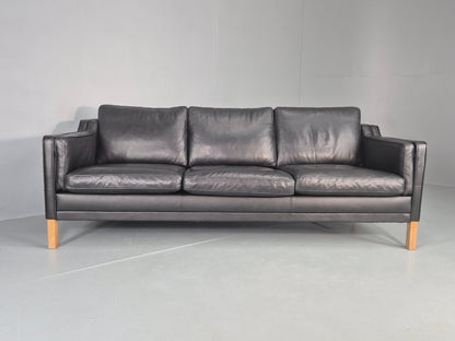 Vintage Danish 3 Seat Sofa Black Leather Mogensen Style 1980s Retro MCM EB12445