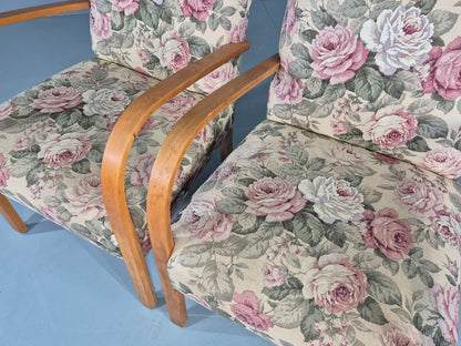 2 Vintage Danish Lounge Chairs 1950s Deco Bentwood Floral Print Retro EB12644