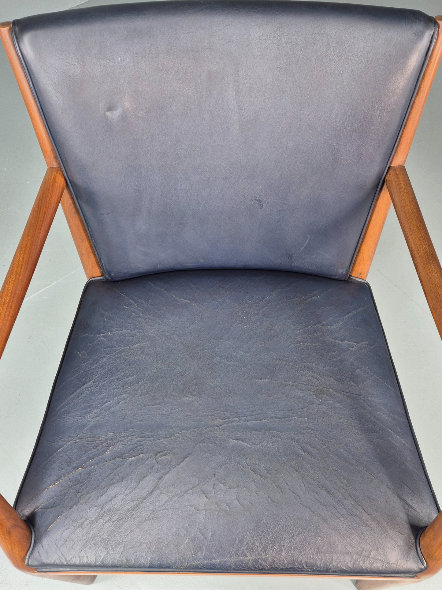 Vintage Mid Century Teak Armchair Blue Leather 1960s Retro  EB11909