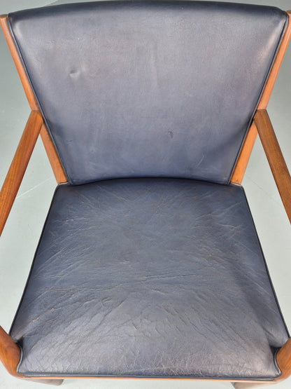 Vintage Mid Century Teak Armchair Blue Leather 1960s Retro  EB11909