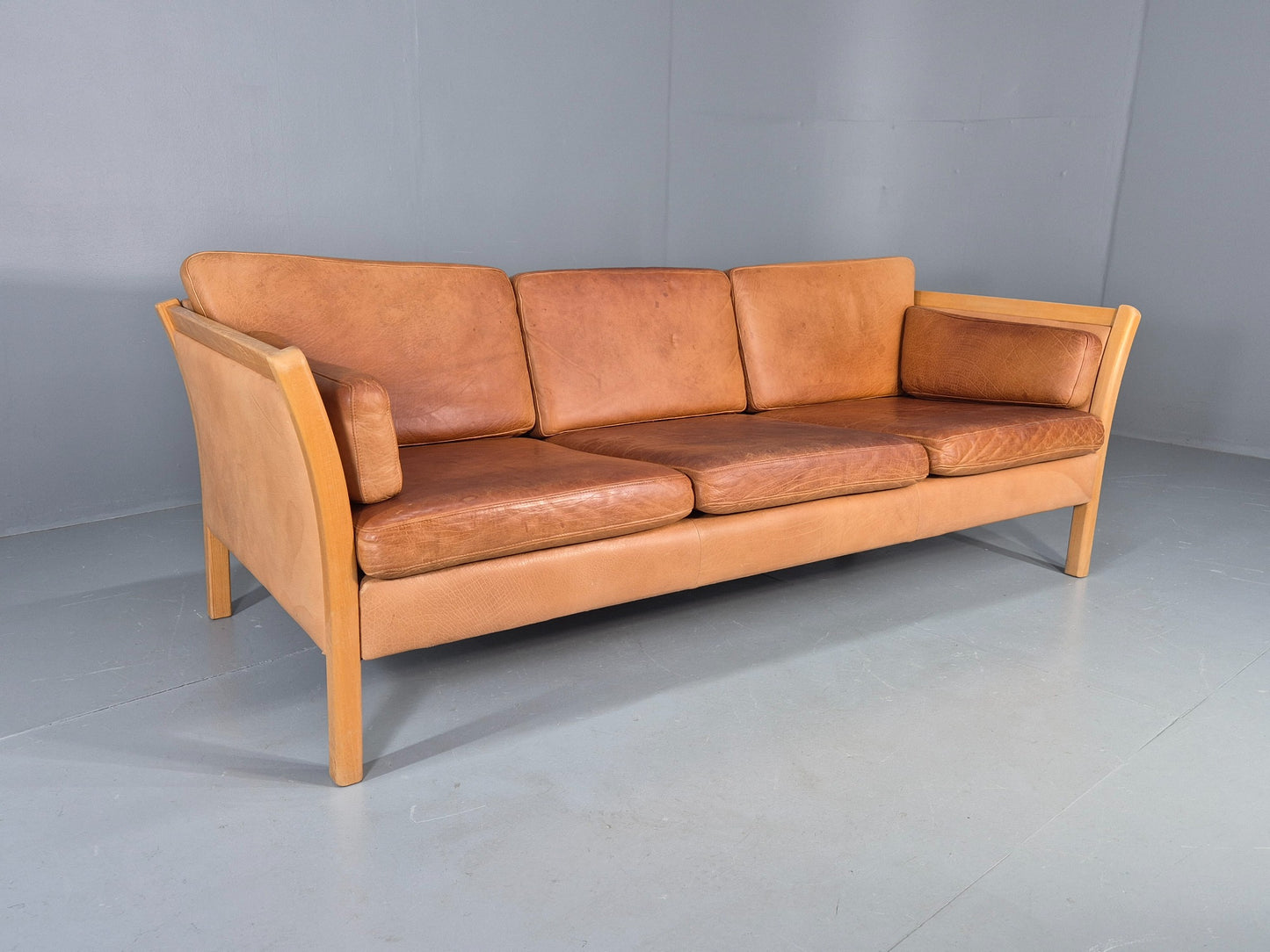 Vintage Stouby 3 seater Sofa Tan Leather 1980s Retro Mid Century Modern EB11610