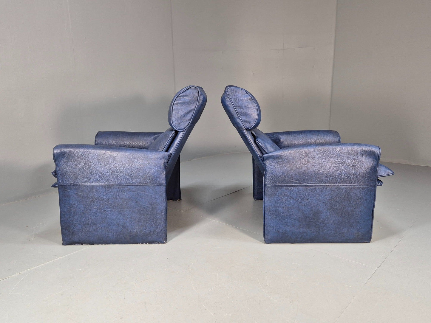 Vintage Saporiti Italian Lounge Chairs Pair Blue Vinyl Retro EB9844