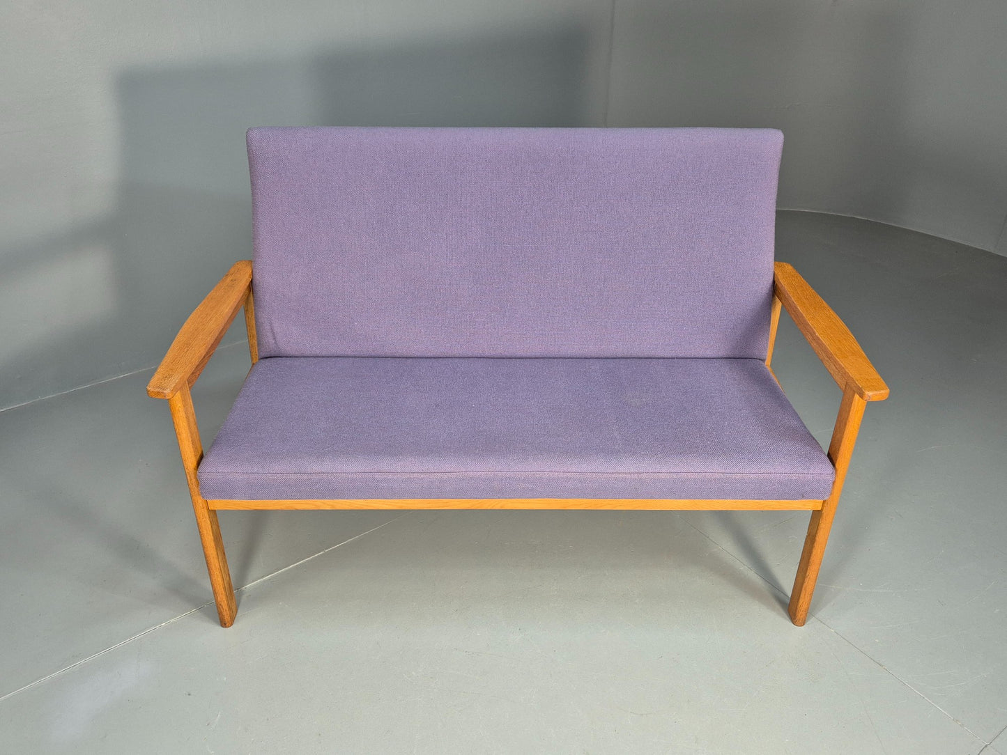 Vintage Danish 2 Seater Bench Sofa Oak Frame Purple Upholstery 1970s MCM EB08693