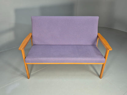 Vintage Danish 2 Seater Bench Sofa Oak Frame Purple Upholstery 1970s MCM EB08693