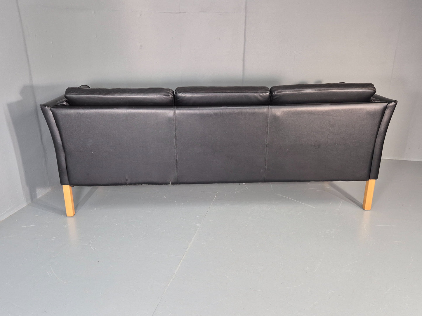 Vintage 3 seater sofa Danish Black Leather and Vinyl 1980s Retro EB11642