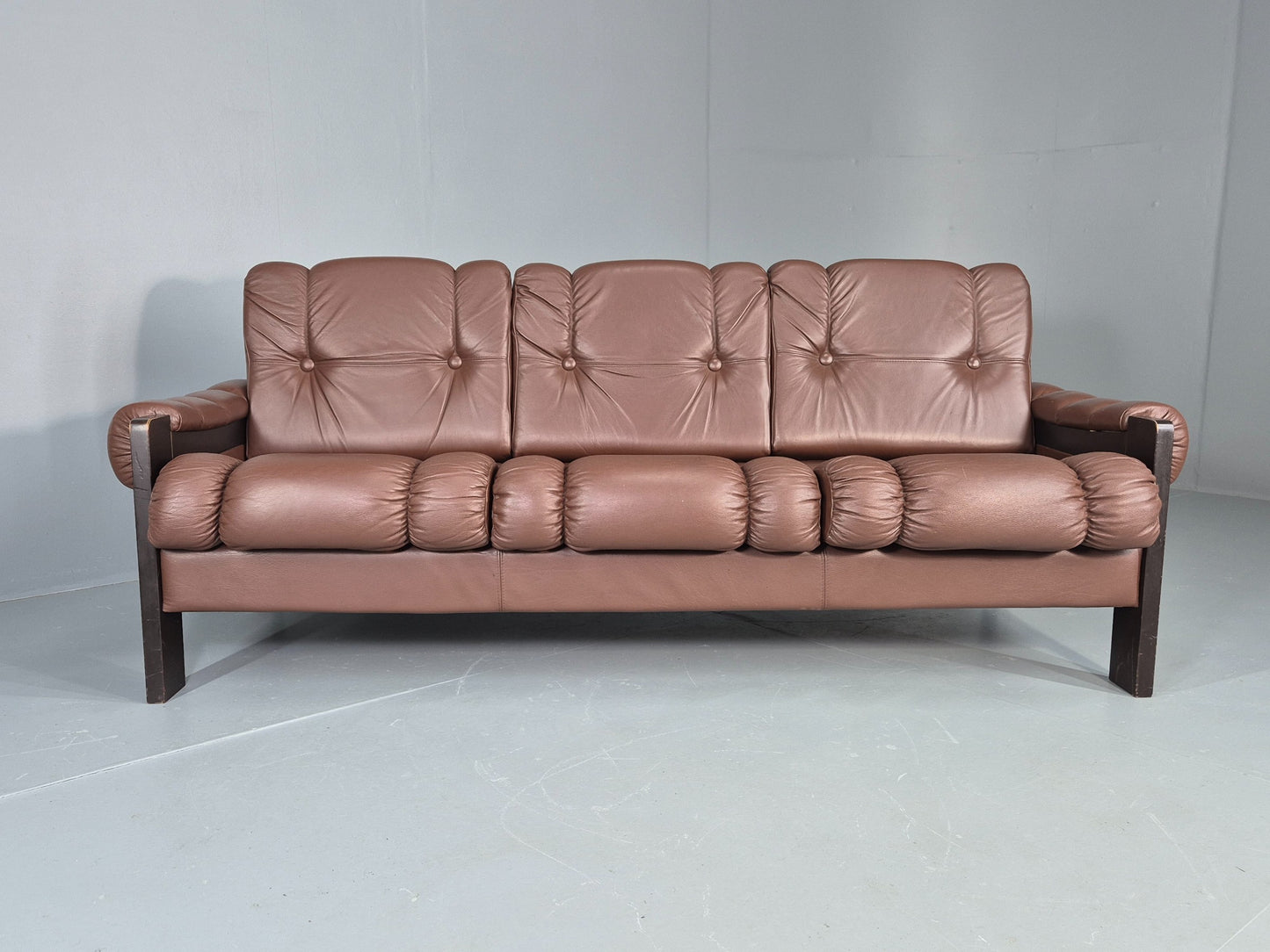 Vintage 3 Seater Sofa Danish Brown Leather 1970s Retro Mid Century EB12449