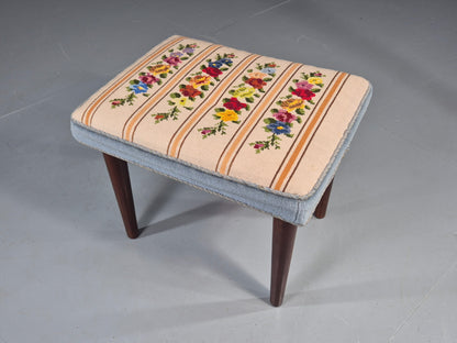 Vintage Danish Midcentury Footstool with Tapestry Floral Top 1960s EB12029