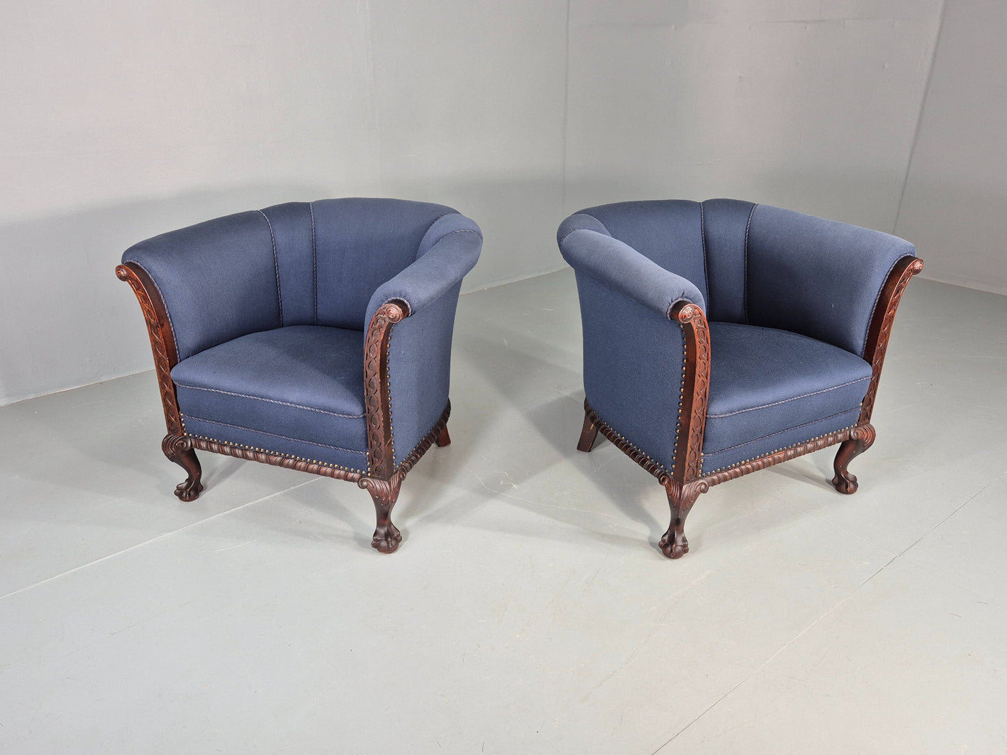 2 Vintage Danish Antique Tub Chairs Rope Twist Oak Ball Claw 1900s EB12684