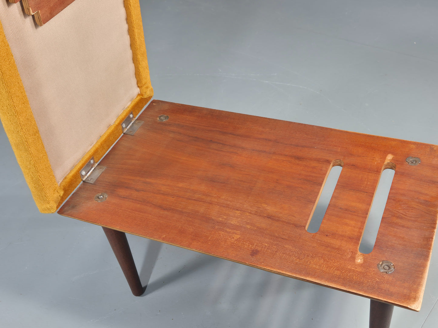 Vintage Mid Century Footstool Gold Velour Upholstery Teak Legs 60s Retro EB11576