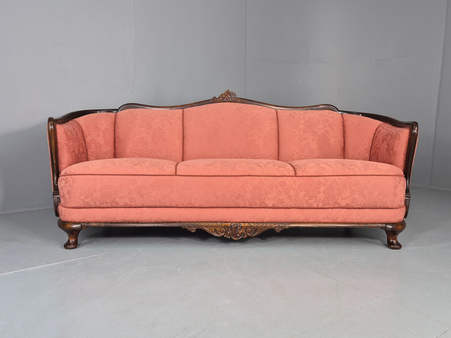 Vintage Danish Art Deco 3 Seater Sofa Carved Hardwood Frame Pink Damask EB12742