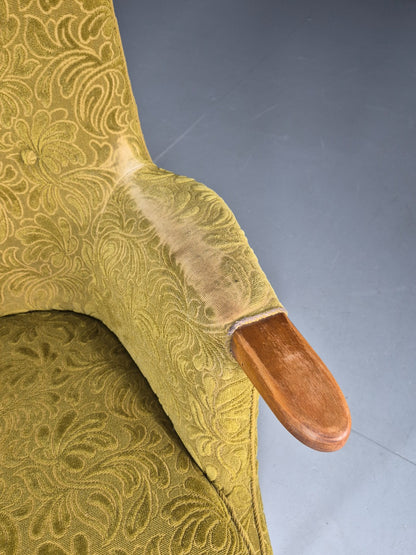 Vintage Danish Lounge Chair Green Floral Moquette Teak Detail MCM Retro EB13040