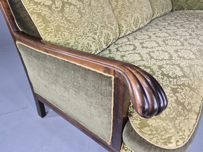 Antique 3 Seater Sofa 1920s Danish Carved Frame Green Moquette  EB12005