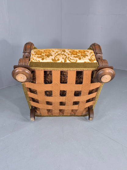 Vintage Danish Art Deco Lounge Chair Carved Oak Frame 1940s Green Floral EB12837