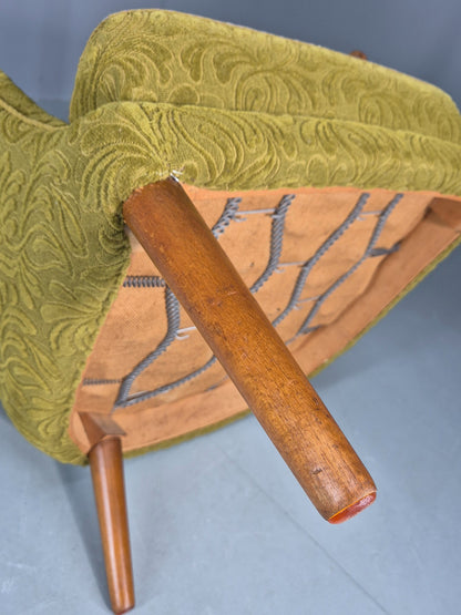 Vintage Danish Lounge Chair Green Floral Moquette Teak Detail MCM Retro EB13040