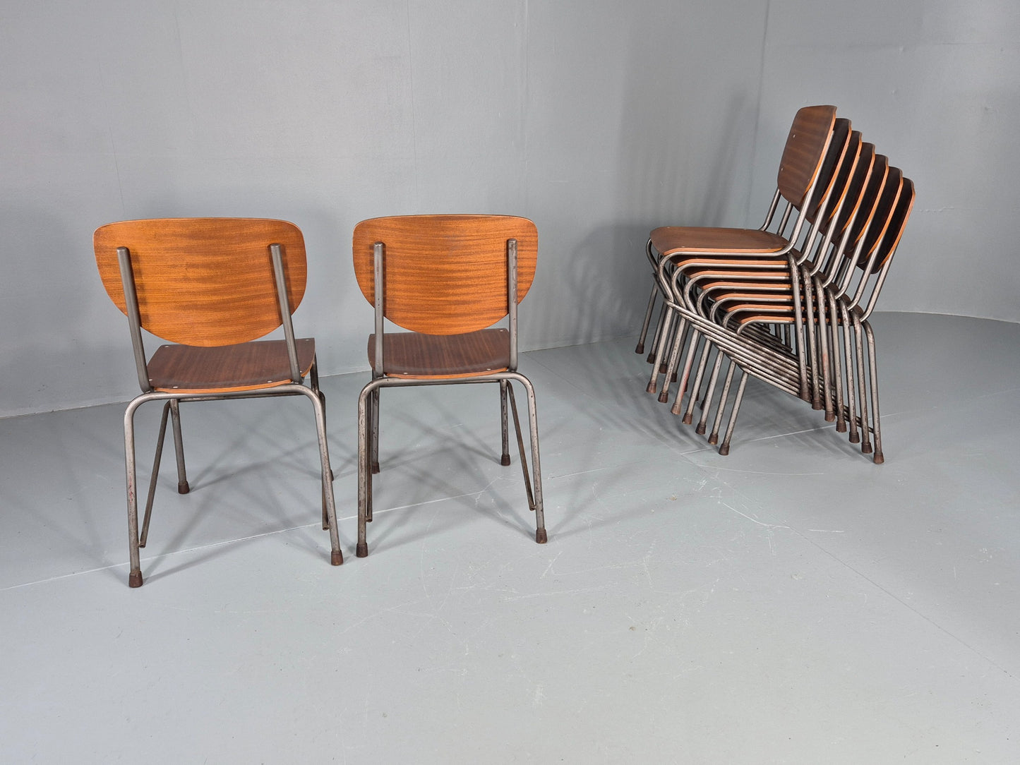 9 Vintage Danish Stacking Industrial Chairs Teak and Steel 1960s Retro EB12403