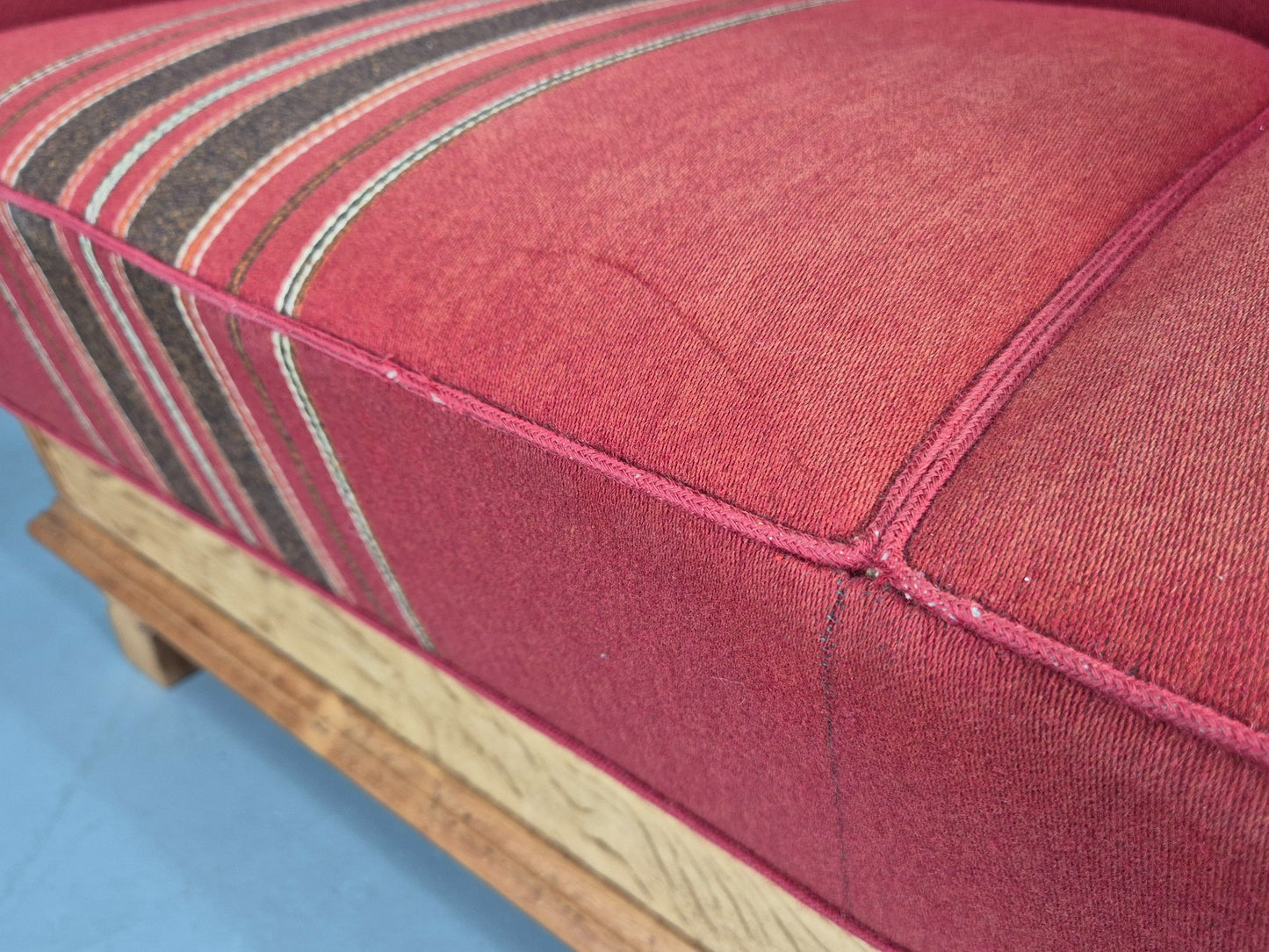 Vintage Danish 2 Seater Sofa Oak Framed Red Stripe Cloth 1970s Retro EB12755