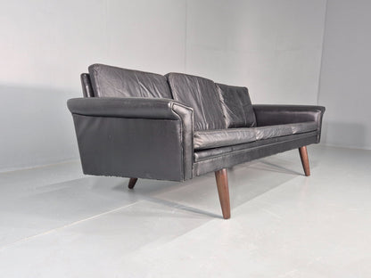 1960s 3-seater sofa Danish Design Black Leather Mid Century Retro Teak  EB10279