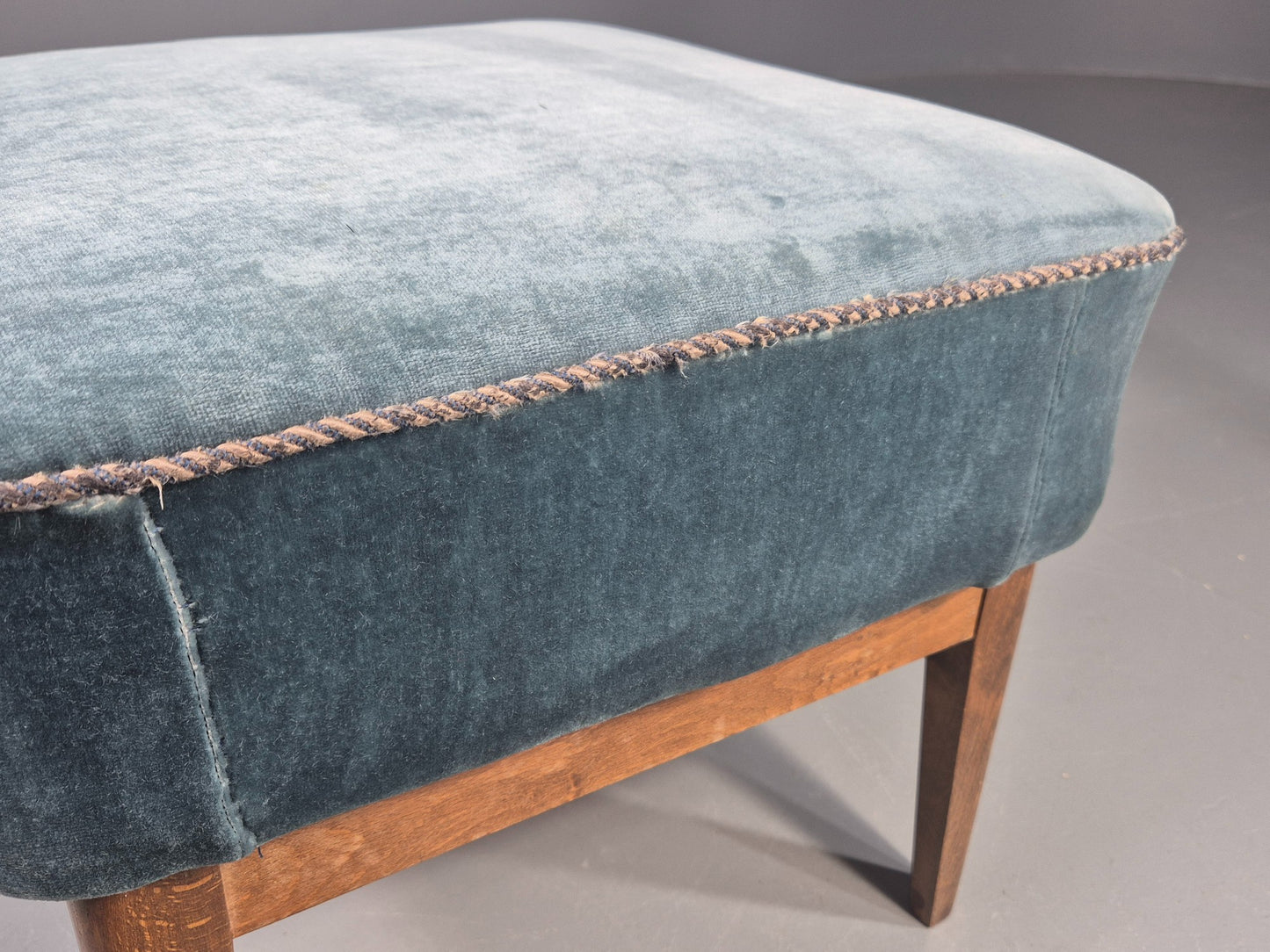 Vintage Danish Mid Century Footstool Blue Velour Upholstery 1950s Retro EB12053