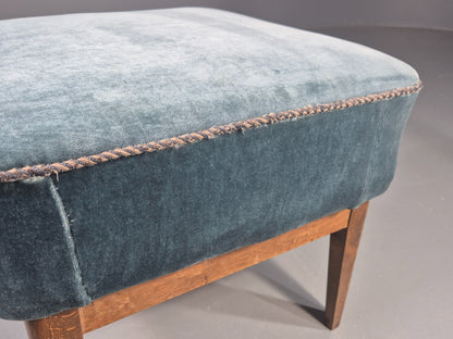 Vintage Danish Mid Century Footstool Blue Velour Upholstery 1950s Retro EB12053