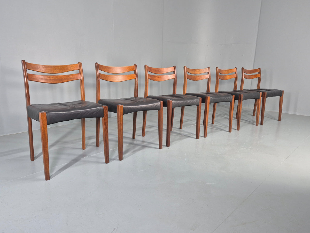 6 Vintage Danish Teak Dining Chairs Mid Century Leather Mogens Kold  EB12650