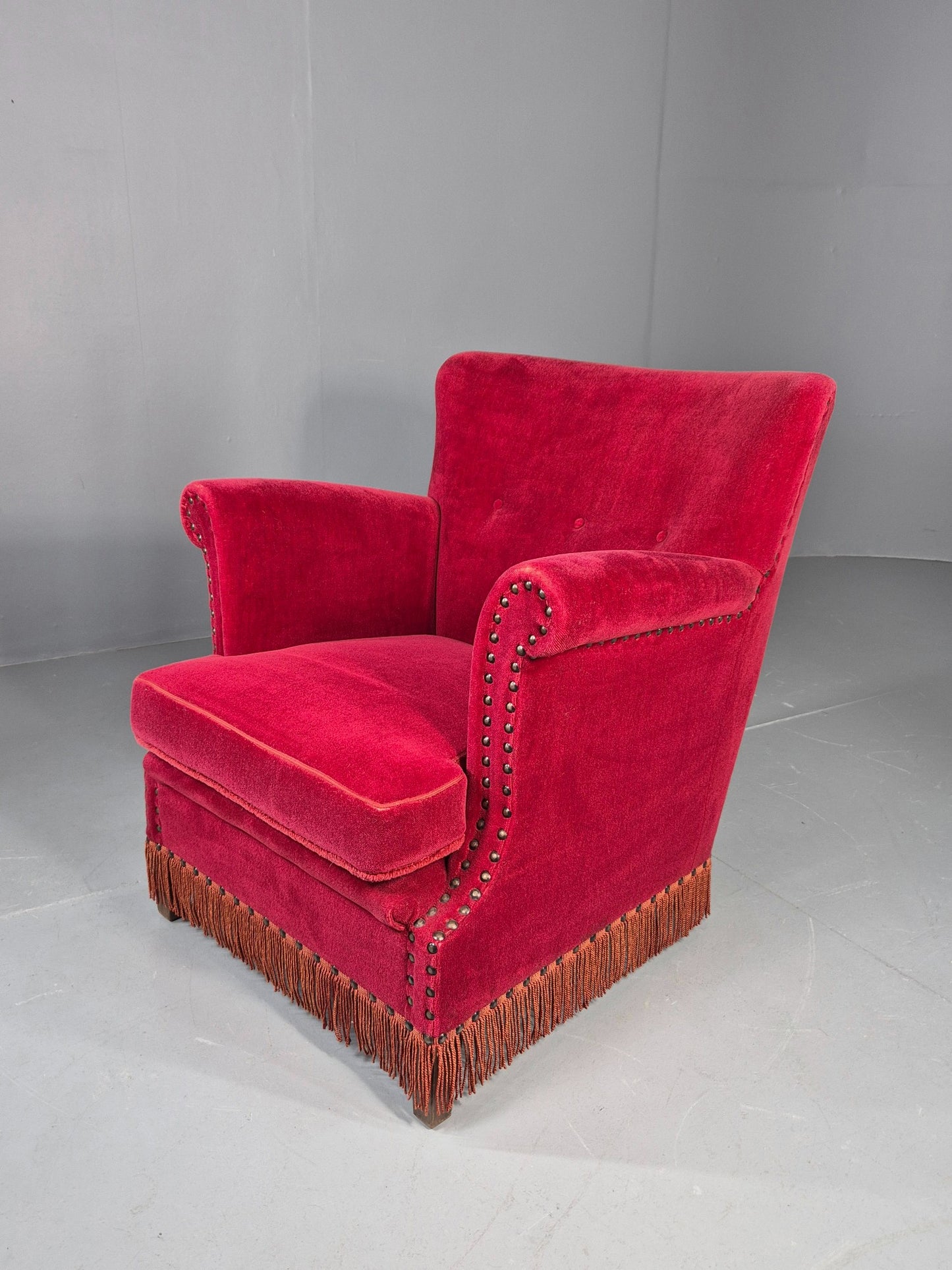 Vintage Wingback Lounge Chair Red Velour Cream Cushion Danish 1960s EB12762