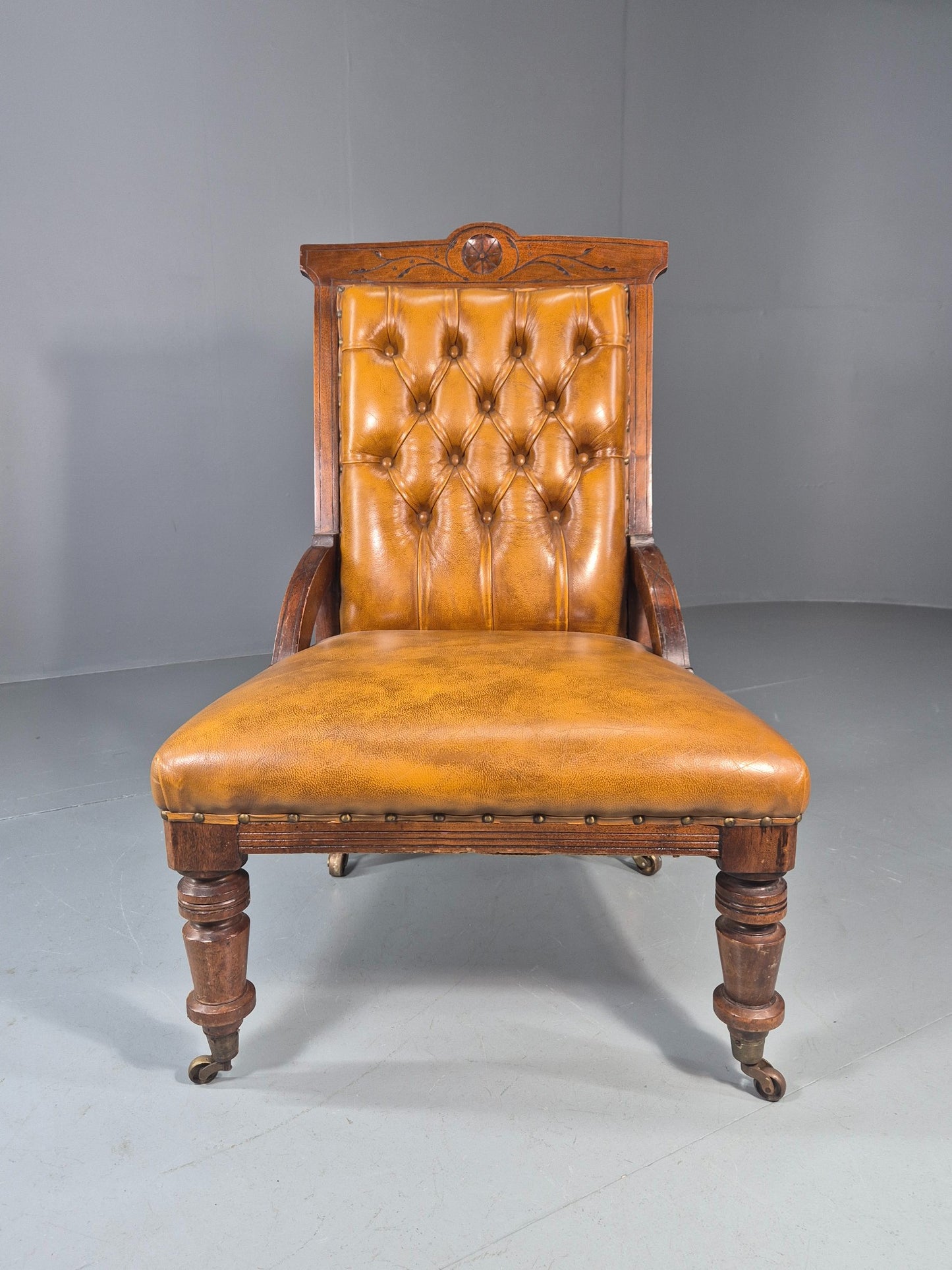 Antique Library Chair Deep Buttoned Tan Leather Oak Frame 1900s EB11657