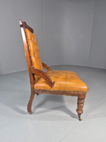 Antique Library Chair Deep Buttoned Tan Leather Oak Frame 1900s EB11657