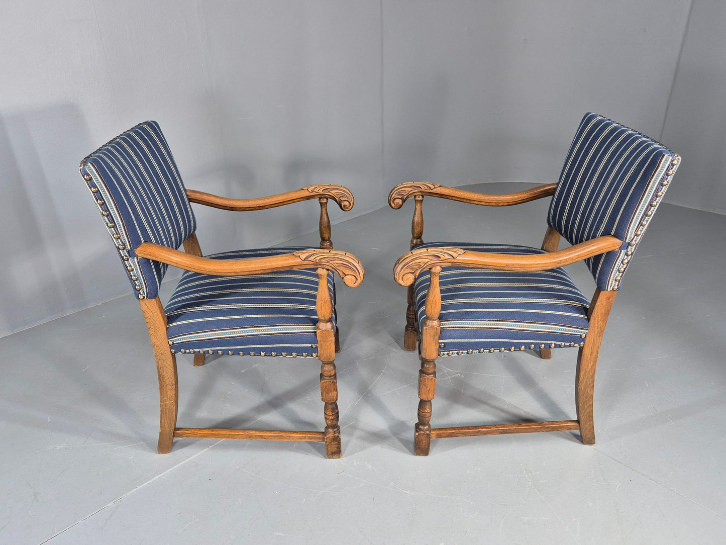 2 Vintage Danish Baroque Style Oak 1950s Elbow Chairs Blue Wool Stripe EB12647