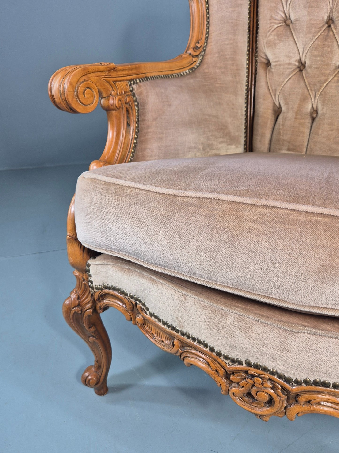 Vintage Danish Rococo Armchair Beech Frame Biege Velour 1970s Retro EB12718