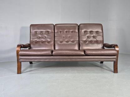 Vintage Danish 3 Seat Sofa Brown Leather Bentwood Frame 1980s Retro MCM EB13062
