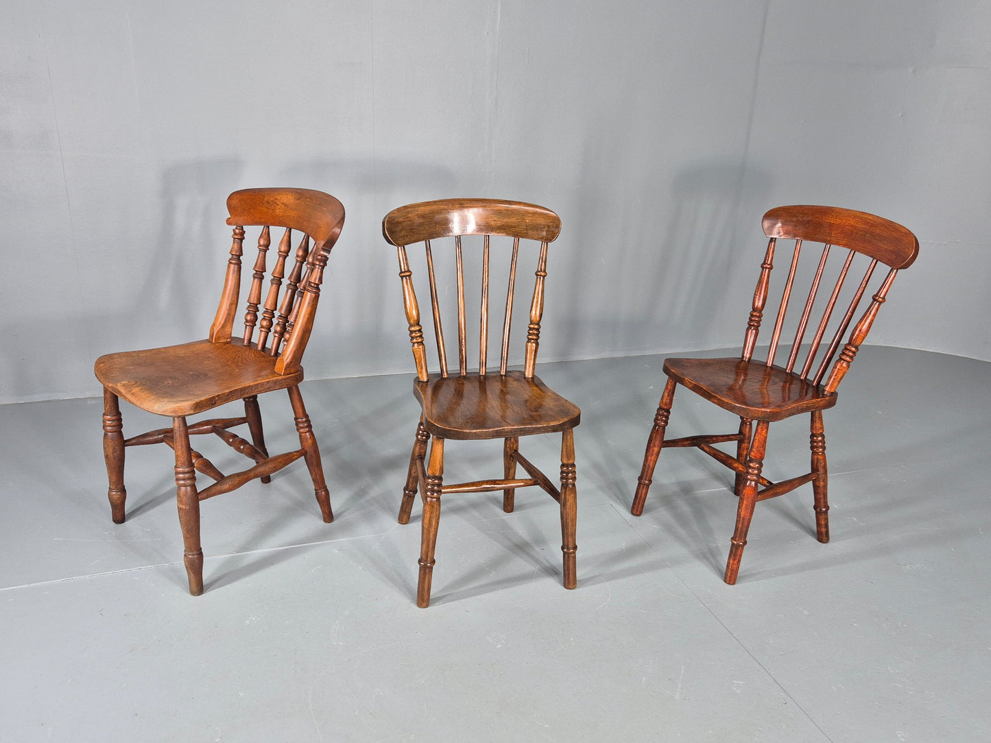 3 Antique Windsor Chairs Elm and Beech Spindle backs Victorian  EB12486