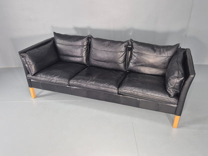 Vintage 3 Seater Sofa Danish Black Leather Mid Century Style 1980s Retro EB12418