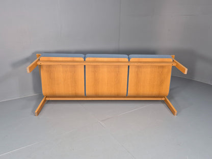 Vintage Danish Magnus Olesen Sofa Oak and Blue Wool 1970s EB9377 M3SS