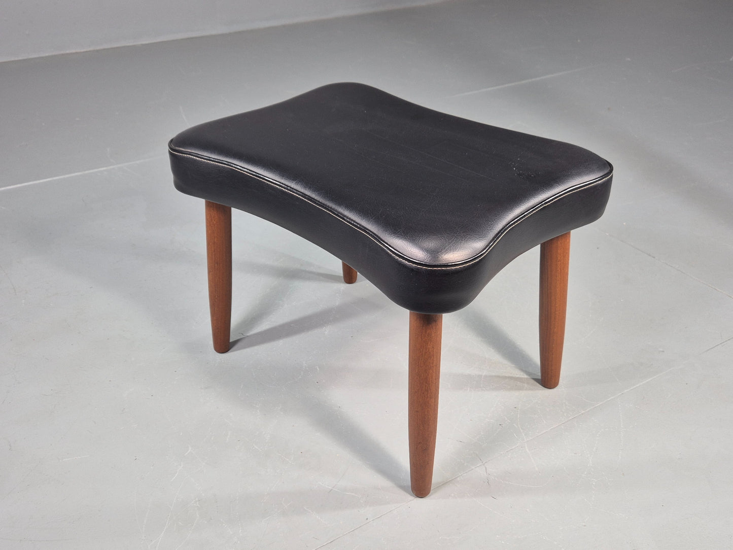 Vintage Danish Mid Century Footstool Black Vinyl Teak Legs 1960s Retro EB12098